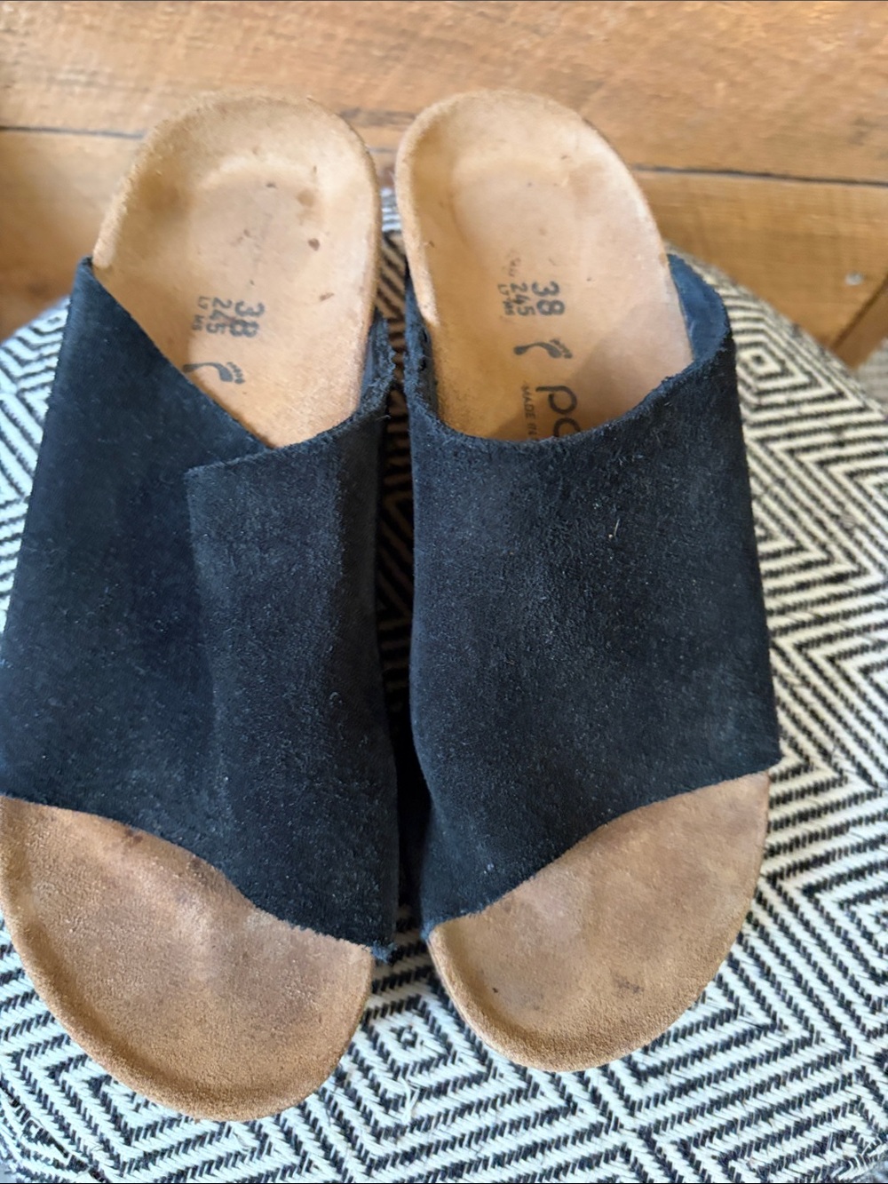 Papillio Black Suede Slide Mules with Brown Footbed